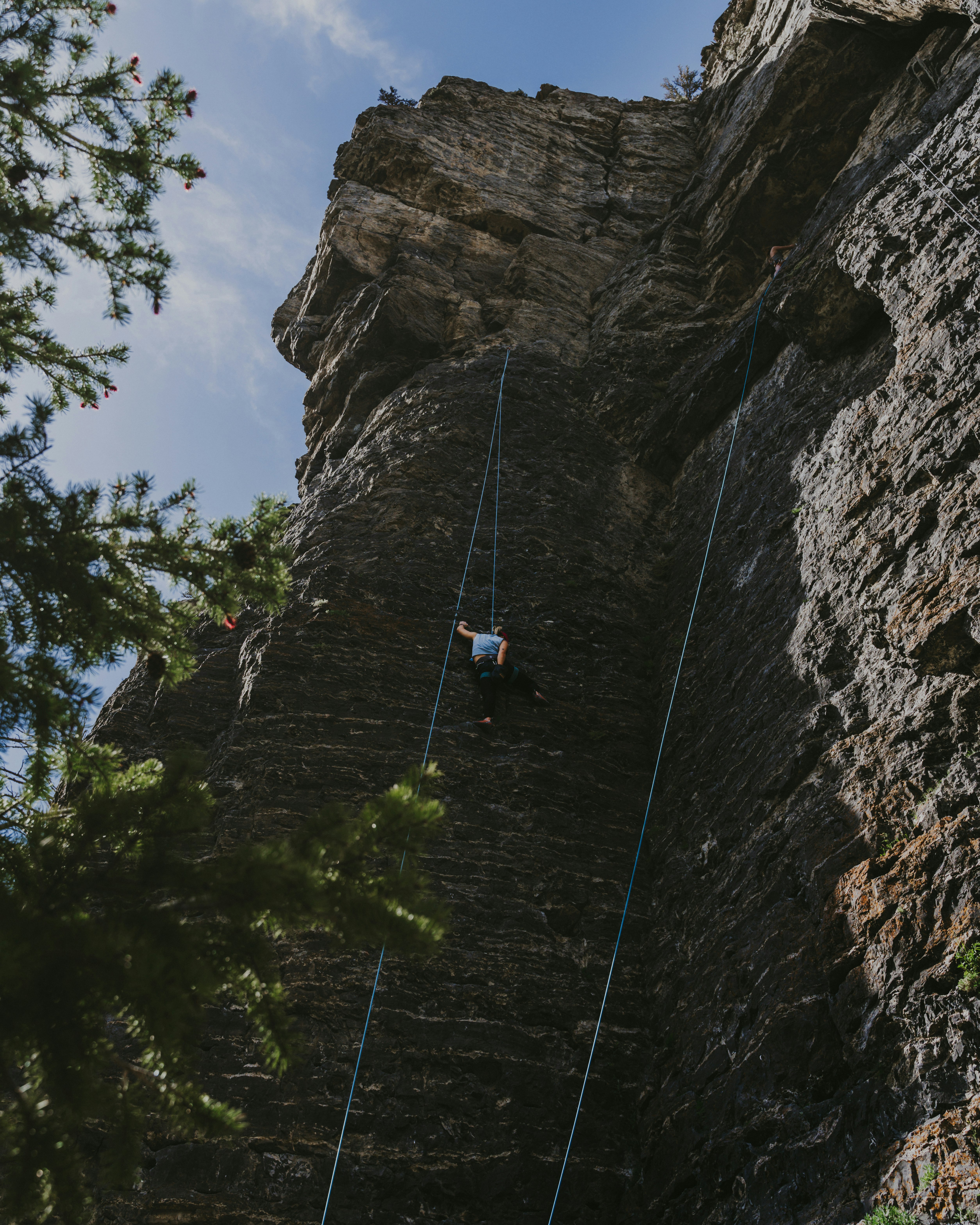 person in blue jacket climbing mountain during daytime